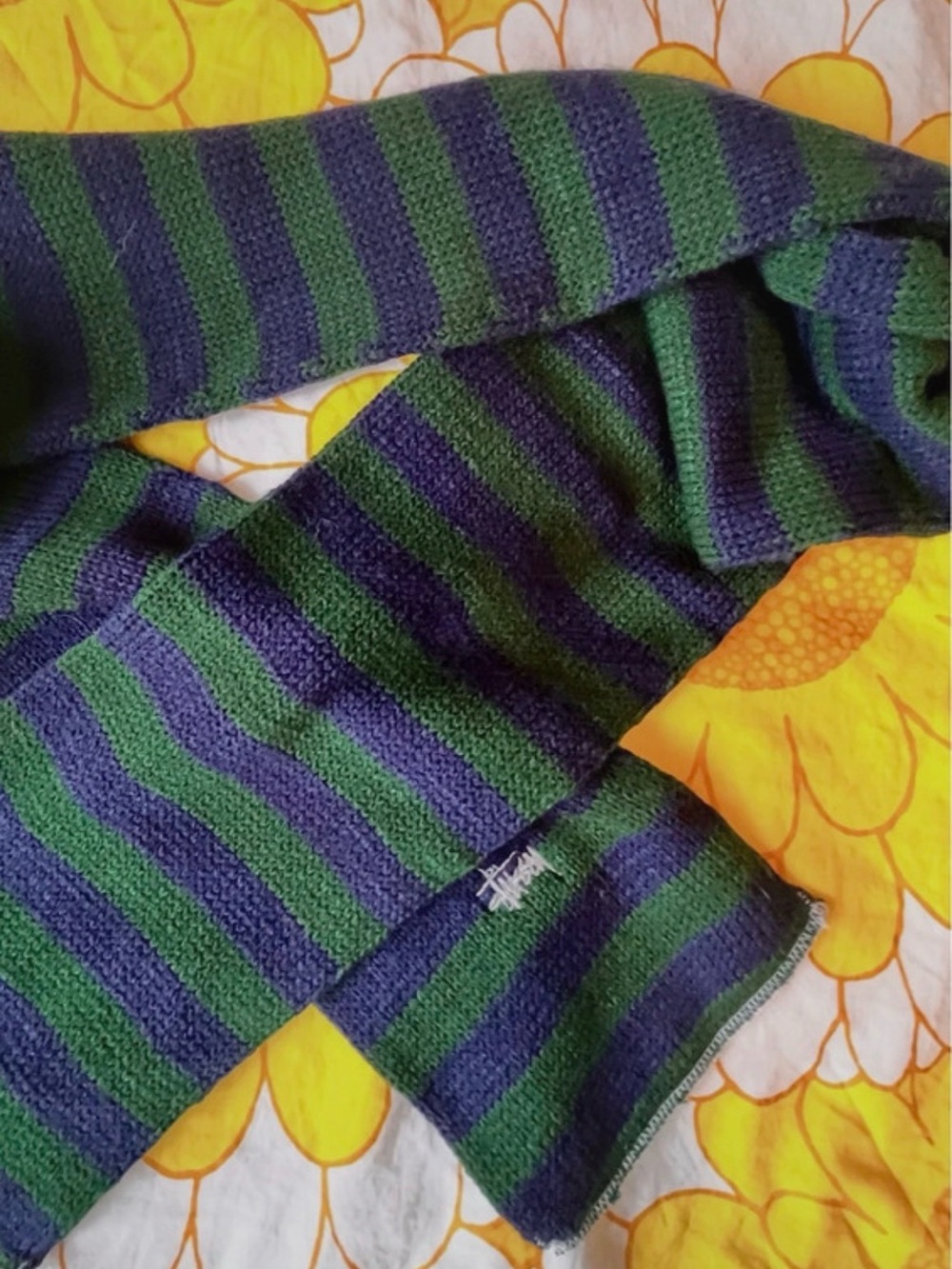 Stussy Green and Navy Striped Knit Scarf